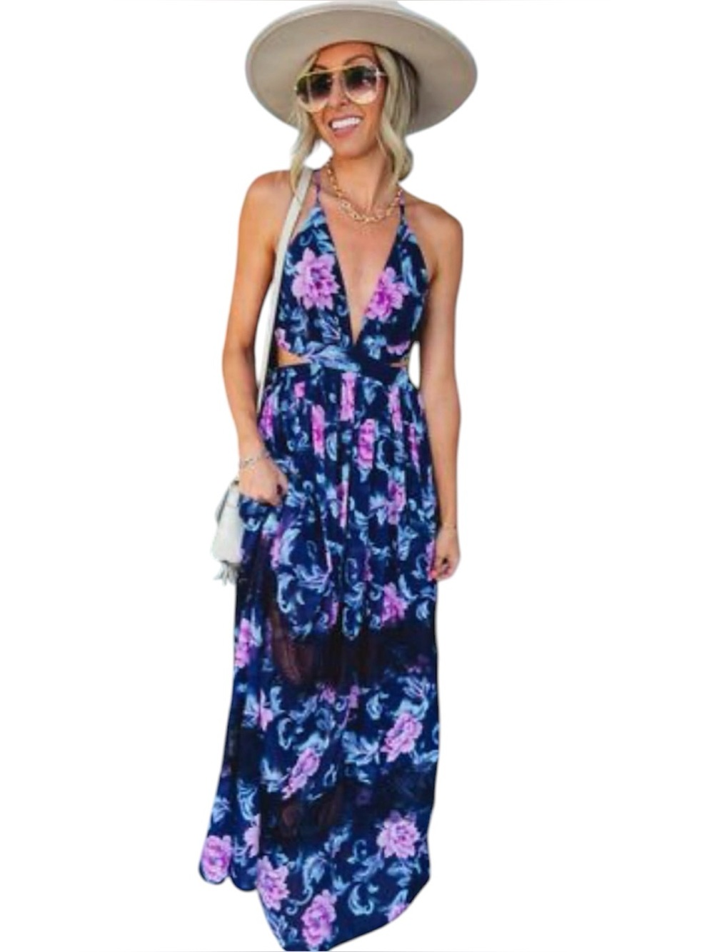 Dress Day - Floral V-Neck Maxi Dress - Navy with Pink Floral - Size Medium